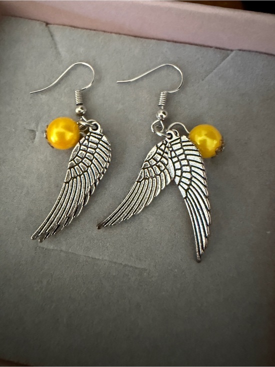 Jewelry - Silver Angel Wing Earrings with Yellow Bead